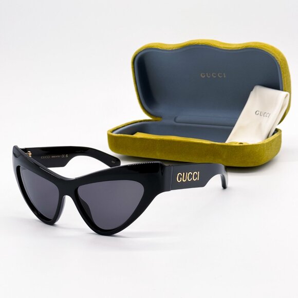 NEW GUCCI GG1294S 001 WOMEN SHINY BLACK GREY CAT EYE SUNGLASSES GUCCI - Picture 1 of 13